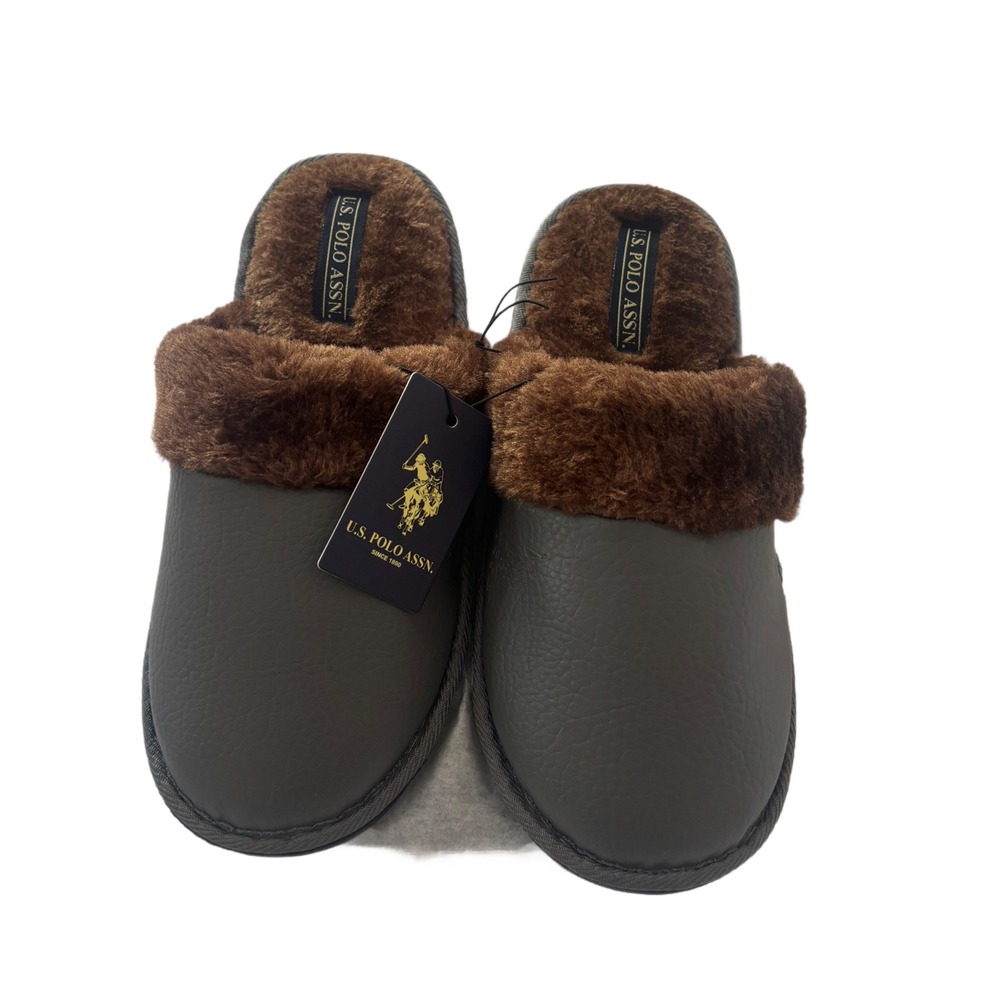 NWT US Polo Assn Mens Scuff Slippers Grey Faux Leather Brown Faux Fur